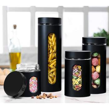 Le'raze Set of 4 Canisters with Glass Window & Airtight Lid - Matte Black Stainless Steel