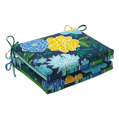 2pk Outdoor/Indoor Squared Chair Pad Set Spring Bling Blue/Sea Island Stripe Blue - Pillow Perfect: Weather-Resistant, Zippered