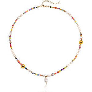 Colorful Beaded Necklace - Freshwater Pearl & Evil Eye Pendant, Stainless Steel 18K Gold Plated Y2K Trendy Jewelry for Women & Teen Girls - 1 of 4