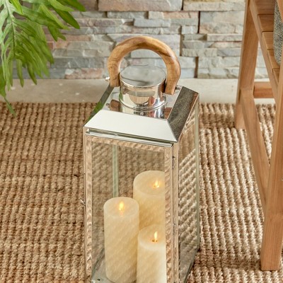 Chrome and Teak Outdoor Hanging Candle Lantern