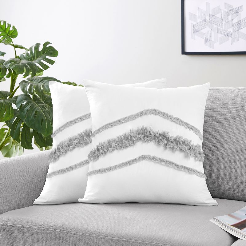 Sweet Jojo Designs Decorative Accent Throw Pillow Case Covers 18in. Each Boho Fringe White and Grey 2pc, 1 of 6