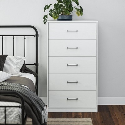 White Tall 5 Drawer Dresser with Metal Handles