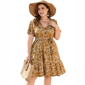 Clearlove Summer Plus Size V Neck Wrap Dress High Waisted Short Sleeves Summer Casual Midi Dress with Belt - 1 of 4