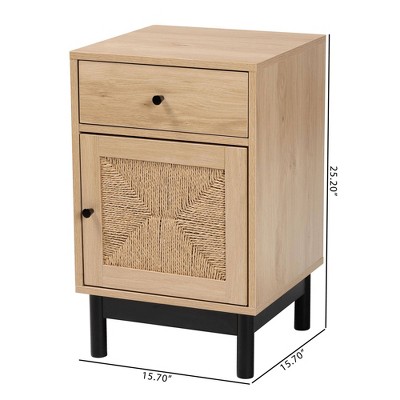 Light Brown Wood Accent Table with Woven Storage