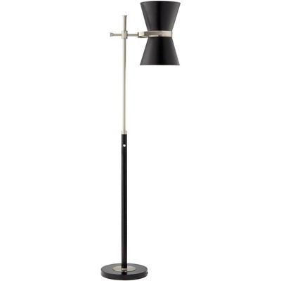 Possini Euro Design Mid Century Modern Floor Lamp Black and Brushed Nickel Metal Offset Cone Shades for Living Room Reading