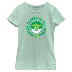 Girl's Star Wars: The Mandalorian St. Patrick's Day Grogu Cutest Clover in the Patch T-Shirt - 1 of 4