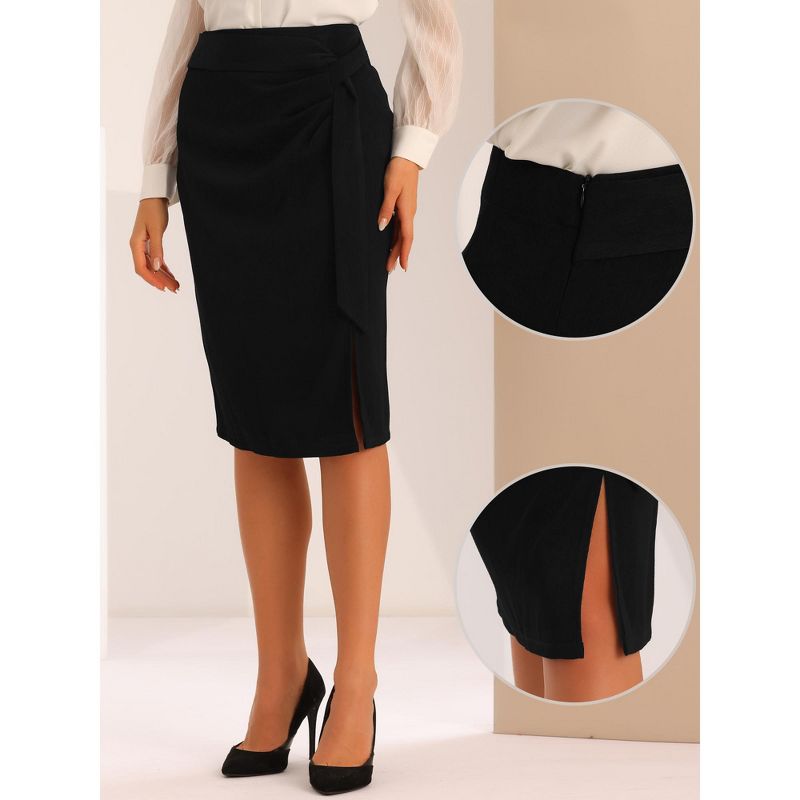 Allegra K Women's High Waist Bow Tie Waist Split Knee Length Bodycon Pencil Skirts, 2 of 6