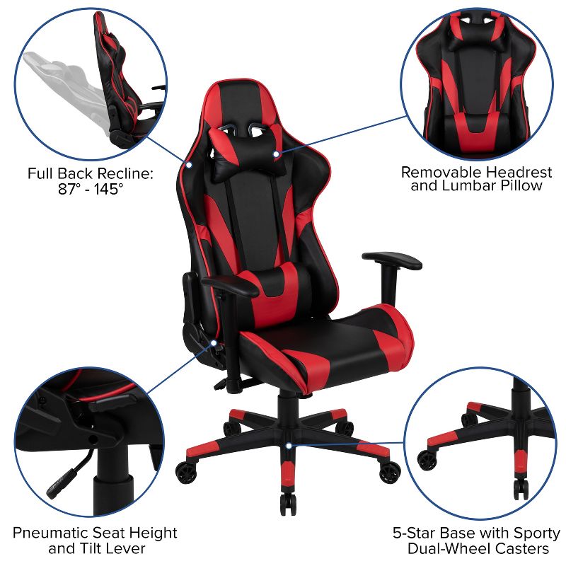 Flash Furniture X20 Gaming Chair Racing Office Ergonomic Computer PC Adjustable Swivel Chair with Fully Reclining Back in Red LeatherSoft, 6 of 14