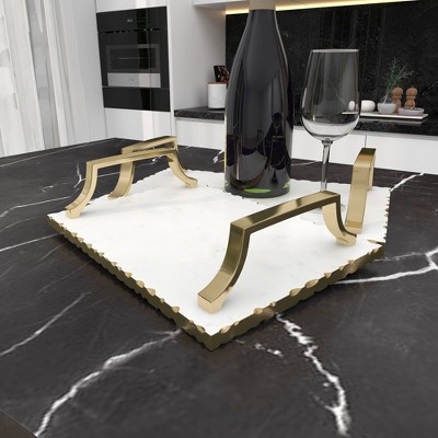 Gold and White Ceramic Rectangular Tray Set with Metal Handles