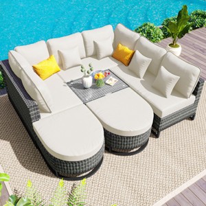 7 Pieces Rattan Outdoor Garden Sofa Set,Wicker Patio Conversation Sectional Sets,Patio Furniture Sets with Coffee Table and Cushions-Coolbibila - 1 of 4