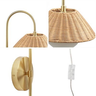 Gold Iron Wall Sconce with Rattan Shade and Frosted Globe