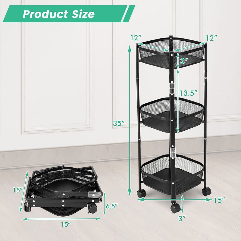 Tangkula 3-Tier Rotating 1-Second folding Storage Rack Metal Rolling Utility Cart Square, 3 of 11