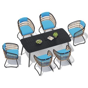 Crestlive Products 7pc Outdoor Dining set 71in Patio Rectangle Table with Rattan Dining Chairs Aluminum Frame Wood-Like Tabletop Umbrella Hole - 1 of 4