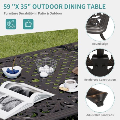 Outdoor dining table accessories infographic highlighting features like round edge, reinforced construction, adjustable foot pads