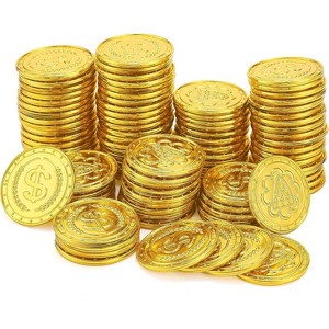 Joyfy 100 PCS Plastic Gold Coins, Pirate Treasure Hunt Game Tokens for Party Decorations Favors and Childrens Play Money Supplies - 1 of 4