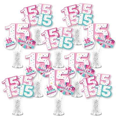 Big Dot of Happiness Girl 15th Birthday - Teen Birthday Party Centerpiece Sticks - Showstopper Table Toppers - 35 Pieces