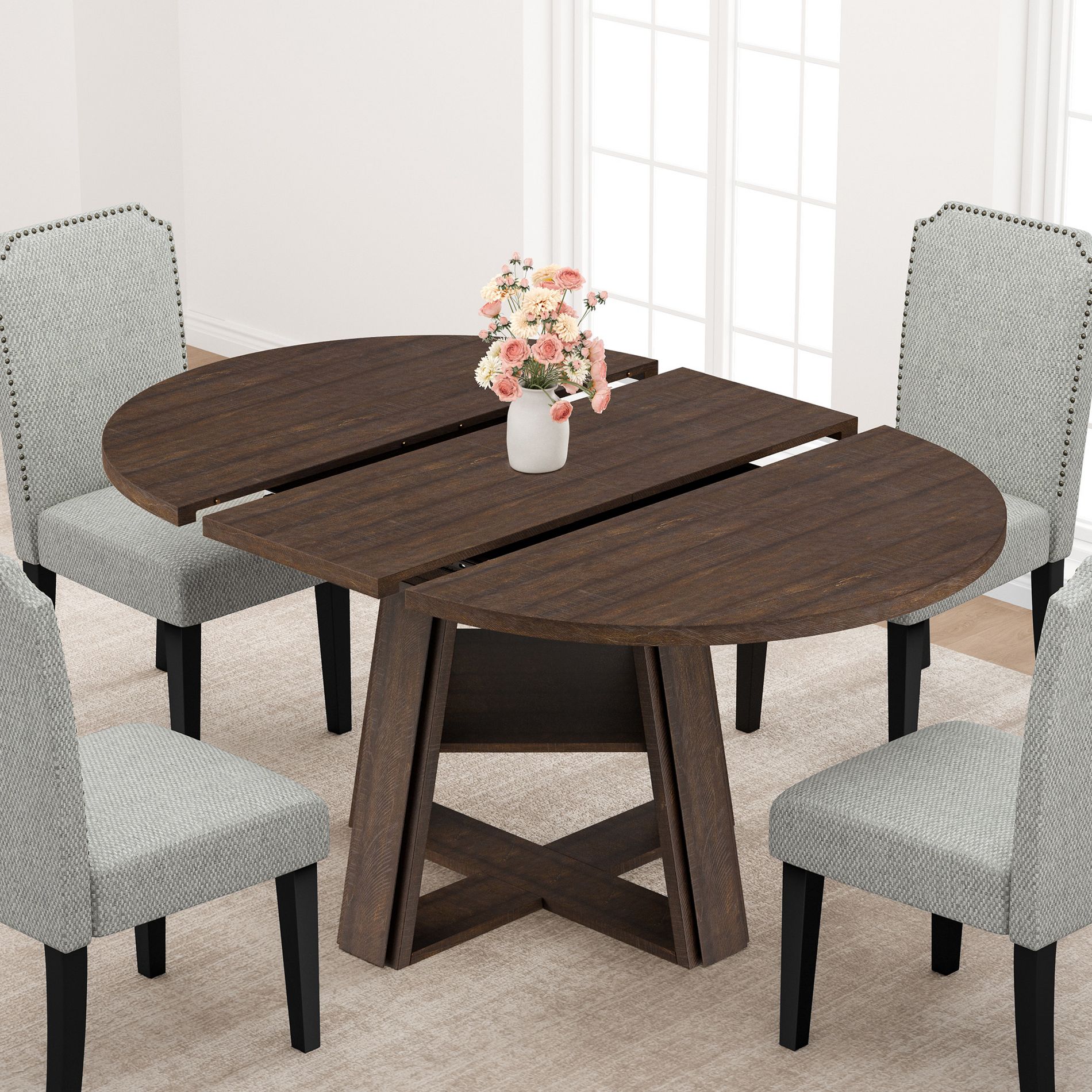 43.3"-59.06" Extendable Oval Dining Table with Storage Shelf, Seats 4-8, Round Dining Table Space-Saving Modern Farmhouse Style for Apartments