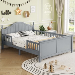 SeaCamel Full Size Wood Platform Bed with Headboard & Footboard: Sturdy Gray Frame for Kids' Rooms, Low-Profile Safety Design - 1 of 4