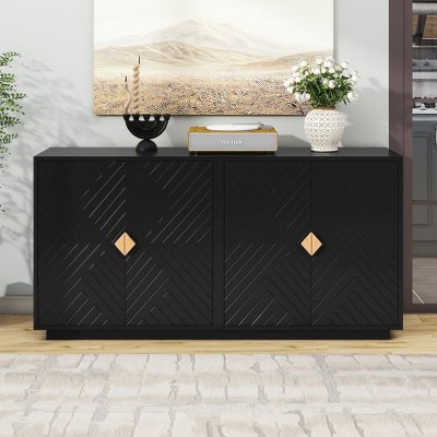 Modern Sideboard Buffet Cabinet, 60" Storage Cabinet with Wooden Triangular Handles, 4 Doors and Adjustable Shelves for Entryway Dining Room