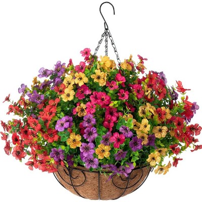 Artificial Faux Hanging Plants Flowers Basket for autumn Outdoor Outside Decoration, Fake Silk UV Sun Resistant Look Real Colorful Daisy Eucalyptus