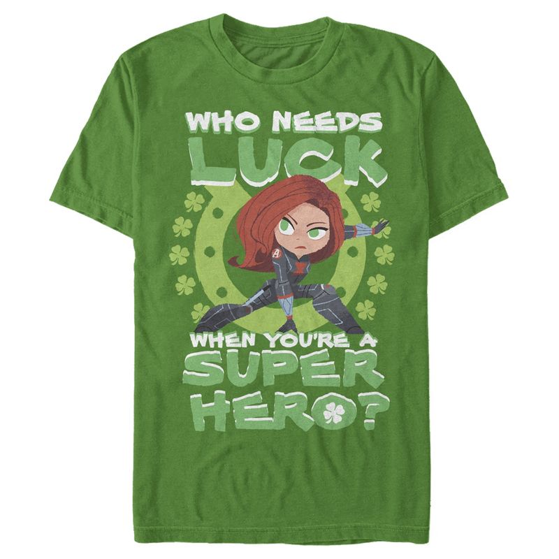 Men's Marvel St. Patrick's Day Black Widow Who Needs Luck T-Shirt, 1 of 6