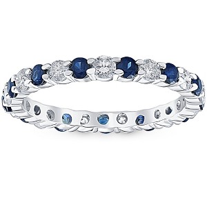 Pompeii3 1 cttw Blue Sapphire Diamond Wedding Eternity Ring 10k White Gold - Size 6 - 1 of 4