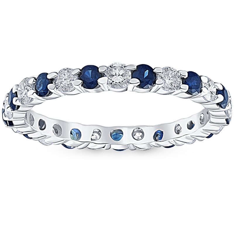 Pompeii3 1 cttw Blue Sapphire Diamond Wedding Eternity Ring 10k White Gold - Size 6, 1 of 6