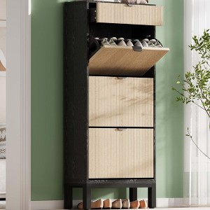 Narrow Shoe Cabinet , 3 Flip Drawers Shoe Cabinet for Entryway,Hallway(Black+Oak) - 1 of 4