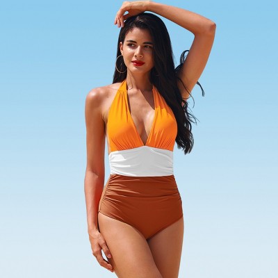 Women's Colorblock Halter Backless Ruched One Piece Swimsuit