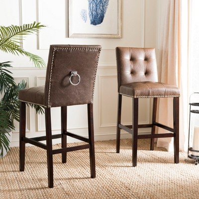 Nikita Brown Leather and Wood Bar Stools, Set of 2