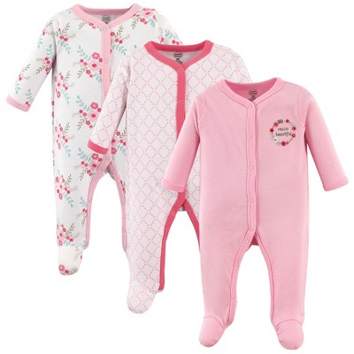 Image of Luvable Friends Baby Girl Cotton Snap Sleep and Play 3pk, Pink Floral, 3-6 Months