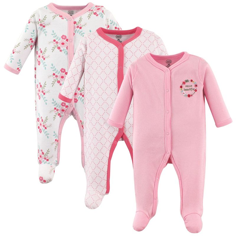Luvable Friends Baby Girl Cotton Snap Sleep and Play 3pk, Pink Floral, 1 of 7