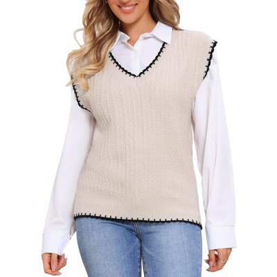 INSPIRE CHIC Women's V Neck Sleeveless Ribbed Contrast Color Trim Sweater Vest