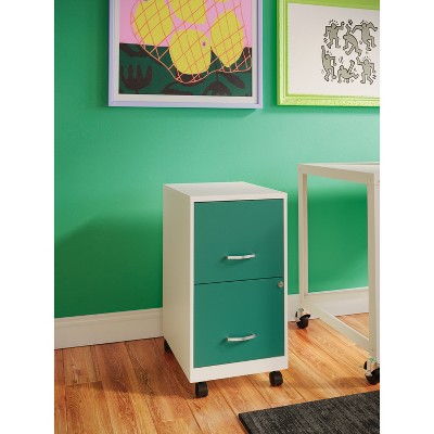 Teal and Pearl White Mobile Metal 2-Drawer Vertical Filing Cabinet