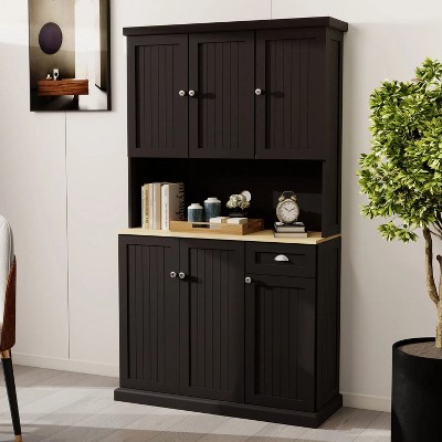 LunaLulinlk 71" Kitchen Pantry Storage Cabinet with Microwave Oven Countertop, Freestanding Hutch Cabinet