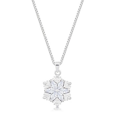 ShineHigh 2.04Ct Rhodium Plated Marquise CZ Snowflake Pendant Necklace with 16" Chain + 2" Extender – Winter Holiday Jewelry