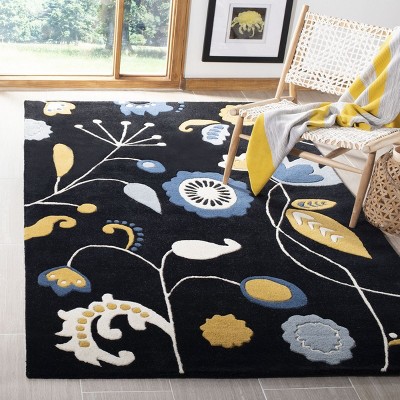 Black Floral Hand-Tufted Wool and Viscose Area Rug