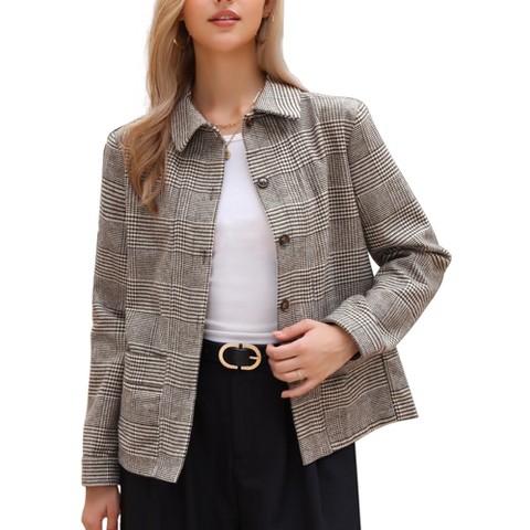 INSPIRE CHIC Women's Long Sleeve Fall Trendy Button Down Cropped Shacket Plaid Jacket with Pockets Brown Medium