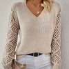 Womens V Neck Tops Lace Knit Long Sleeve Casual Pullover Sweater Top - 4 of 4