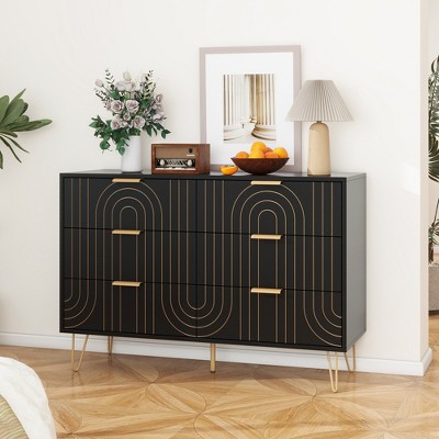 Modern 6 Drawer Dresser with Metal Handles, Carving Design, Smooth Bottom Slides, and L-Tip Restraint for Bedroom, Living Room, Hallway