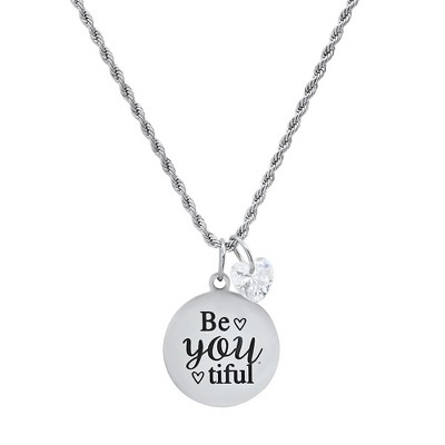 Steeltime 24" Stainles Steel Be You Tiful Round Pendant Adorned With Heart Shaped Crystal Charm