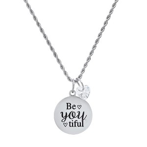 Steeltime 24" Stainles Steel Be You Tiful Round Pendant Adorned With Heart Shaped Crystal Charm - 1 of 4
