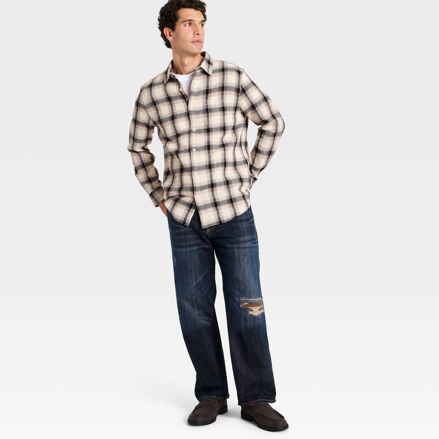 Мужская рубашка Goodfellow & Co Denim Long Sleeve Plaid Layer Button-Down, цвет: Джинсовый — фото 3