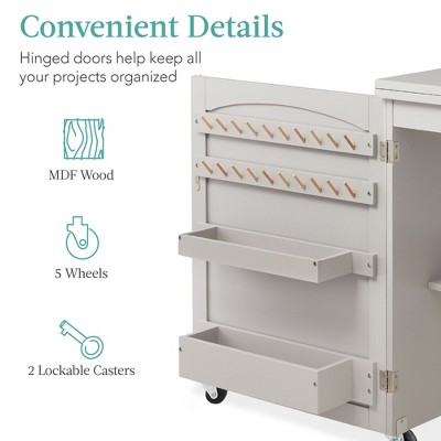 Gray Folding Sewing Table with Storage and Wheels