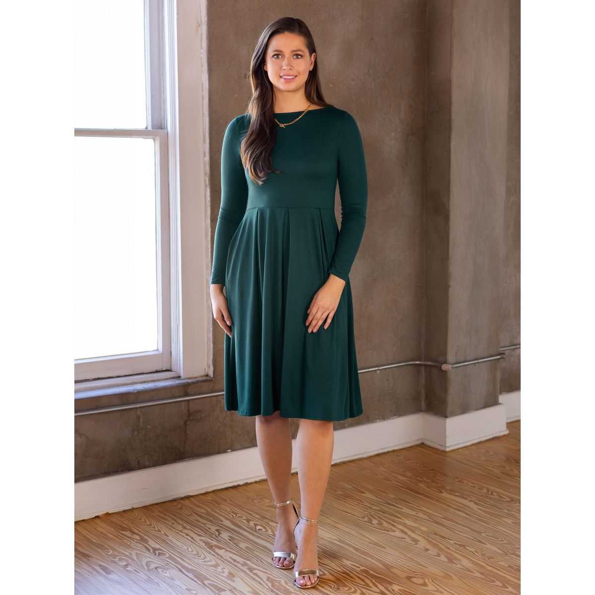 Womens Round Neck Long Sleeve Pleated Fit N Flare Pocket Midi Dress - 24seven Comfort Apparel™ - thumbnail 5