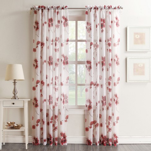 Carolyn Floral Print Crushed Sheer Voile Curtain Panel Coral 51