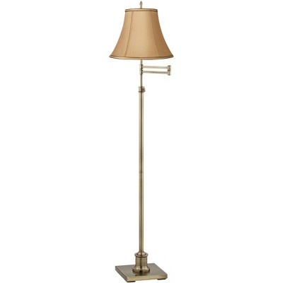 360 Lighting Traditional Swing Arm Floor Lamp Adjustable Height 70" Tall Antique Brass Tan Bell Shade Brown Trim for Living Room Reading