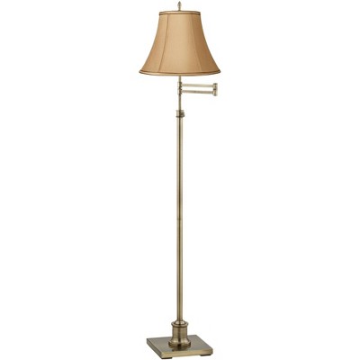 360 Lighting Traditional Swing Arm Floor Lamp Adjustable Height Antique Brass Tan Bell Shade Brown Trim for Living Room Reading