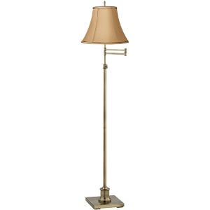 360 Lighting Traditional Swing Arm Floor Lamp Adjustable Height 70" Tall Antique Brass Tan Bell Shade Brown Trim for Living Room Reading - 1 of 4