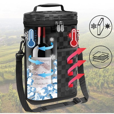 Checkered Black Insulated 2 Bottle Wine Carrier Tote